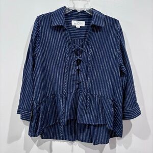TROVATA Birds Of Paradise Navy Blue Striped Long Sleeve Cotton Blouse M